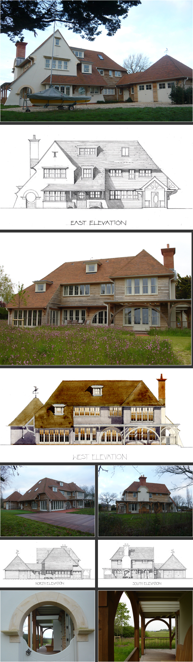 Photographs of the completed house and the watercolour visual and drawings of proposals
